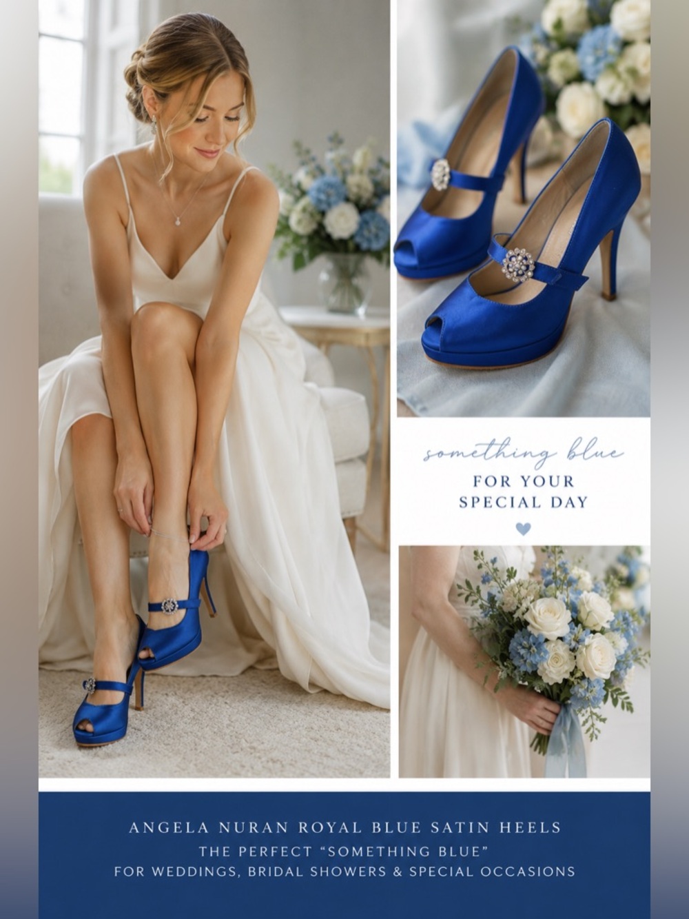 Angela Nuran Blue Satin Swarovski Crystal Heels Size 7 Mary Jane Peep Toe Pumps